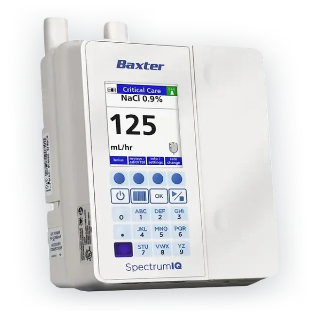 A white Baxter Spectrum IQ Infusion System pump with a digital display showing the infusion rate.